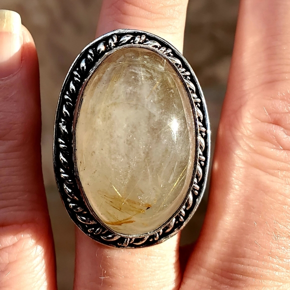 New Huge Golden Rutile Quartz 925 Silver Statement Ring. - Picture 10 of 16